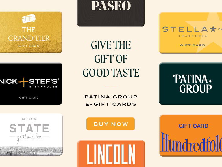 Patina Group e-gift cards promotion with a ‘Buy Now’ call to action.