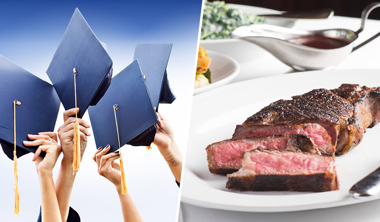 Graduation caps and steak served at Nick + Stef's Steakhouse in NYC